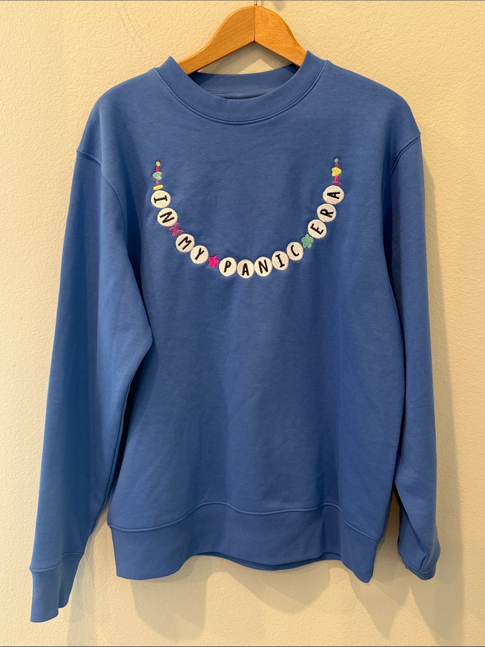 In My Panic Era Embroidered Blue Crewneck Sweater Stanley Stella M Taylor Swift